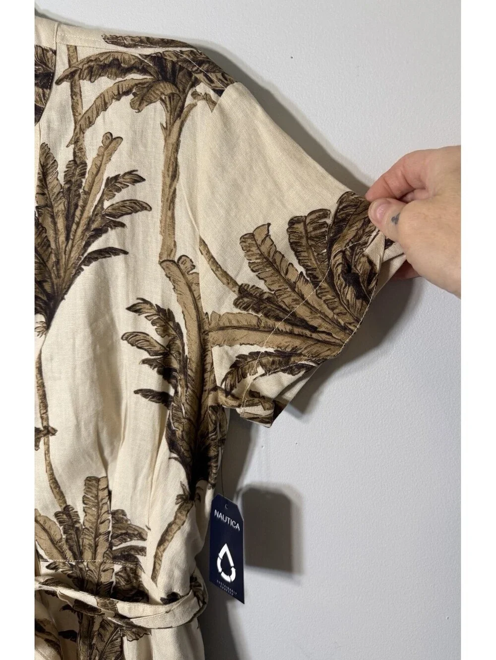 NWTS Nautica Beige Palm Frond Print Short Sleeve Shirt Dress Vneck Small Coastal